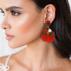 Sunflower Floral Autumn Fall Pumpkin Patch Theme Bead & Crystal Earrings